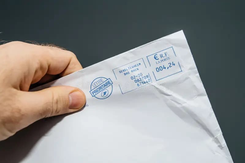 Main tenant une enveloppe La Poste en lettre prioritaire avec cachet postal